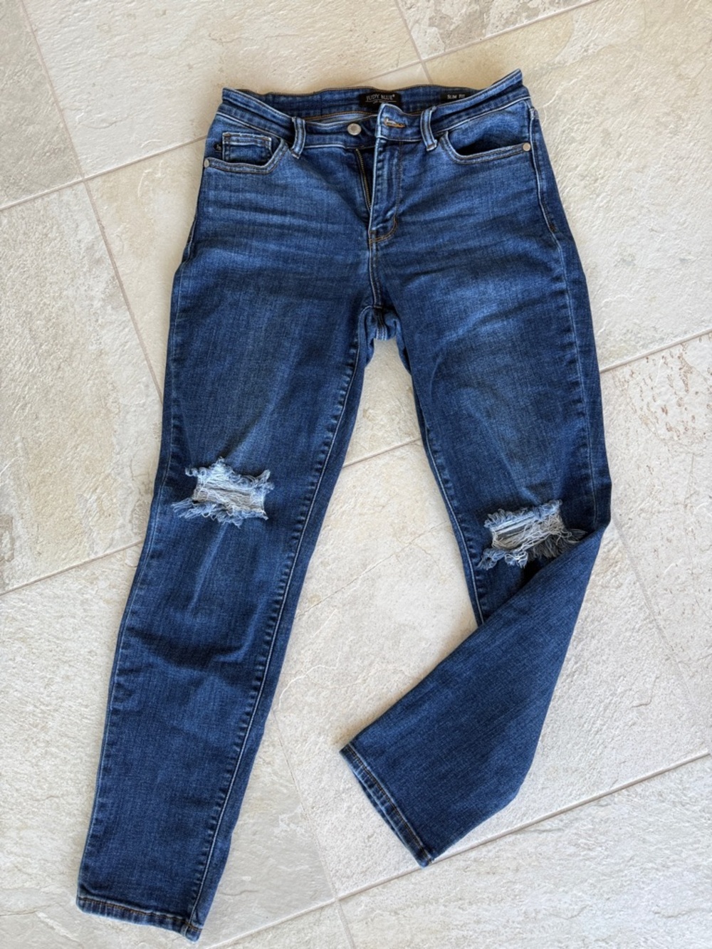 Dark Blue Women’s Distressed Jeans - Classic Slim Fit